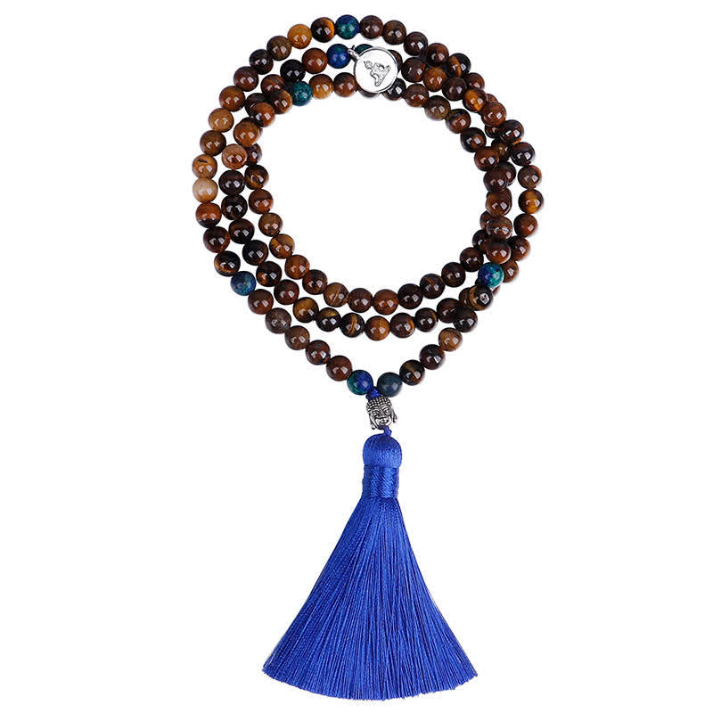 Buddha Stones 108 Mala Beads Tiger Eye Buddha Strength Bracelet Tassel Necklace Pendant