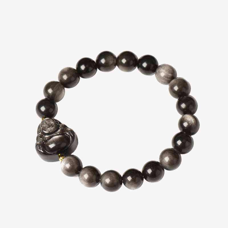 Buddha Stones Silver Sheen Obsidian Lotus Flower Nine Tailed Fox Laughing Buddha Protection Bracelet