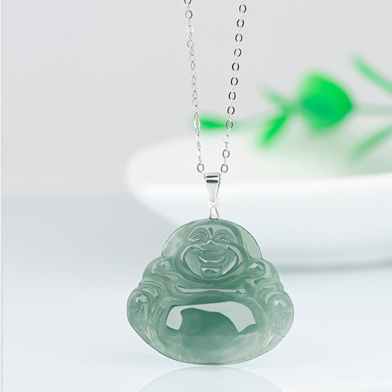 Buddha Stones 925 Sterling Silver Laughing Buddha Jade Protection Calm Necklace Chain Pendant