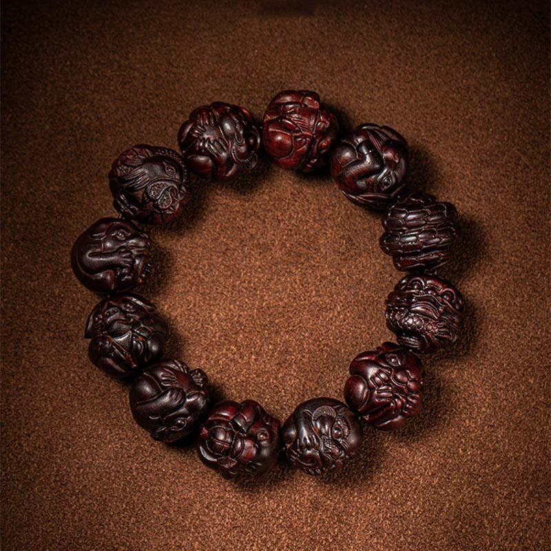 Buddha Stones Chinese Zodiac Engraved Small Leaf Red Sandalwood Protection Bracelet