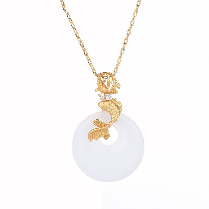 Buddha Stones White Jade Koi Fish Wealth Prosperity Necklace Pendant