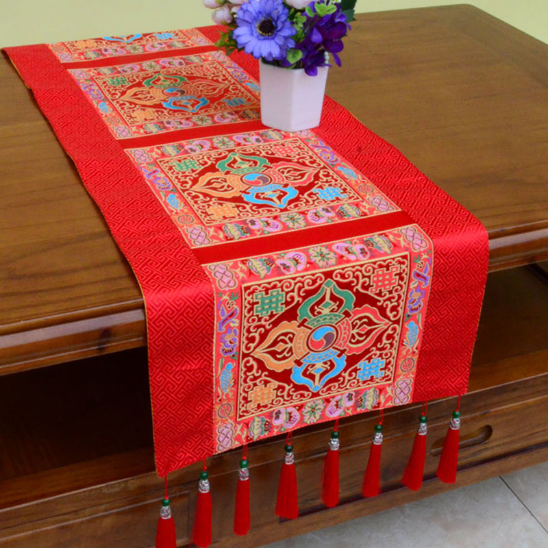 Buddha Stones Prayer Altar Mat Man-Bcu Kalachakra Endless Knot Vajra Tibetan Auspicious Symbols Tassels Table Runner