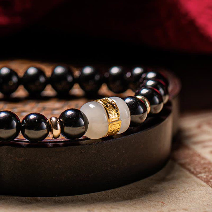 Buddha Stones Black Obsidian Jade Om Mani Padme Hum Strength Couple Magnetic Bracelet