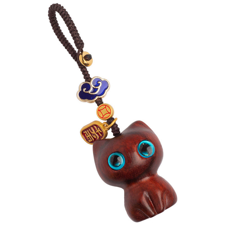 Buddha Stones Small Leaf Red Sandalwood Ebony Wood Lucky Cat Protection Key Chain Phone Hanging Decoration