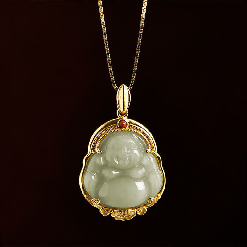 925 Sterling Silver Laughing Buddha Natural Hetian Jade Luck Prosperity Necklace Pendant