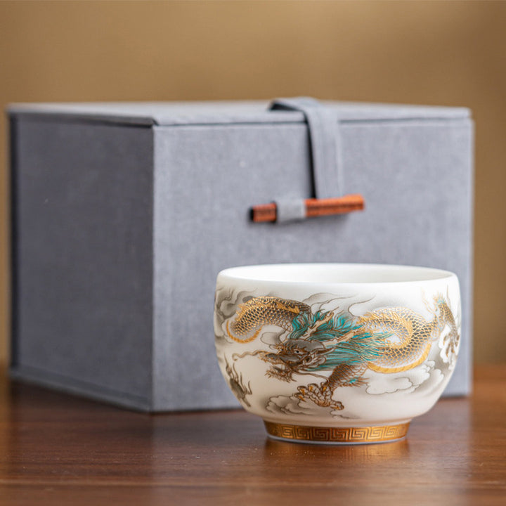 Buddha Stones Dragon Phoenix Auspicious Clouds Ceramic Teacup Kung Fu Tea Cup With Gift Box