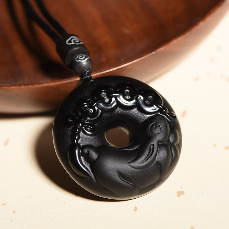 Buddha Stones Chinese Zodiac Natural Black Obsidian Peace Buckle Strength Necklace Pendant