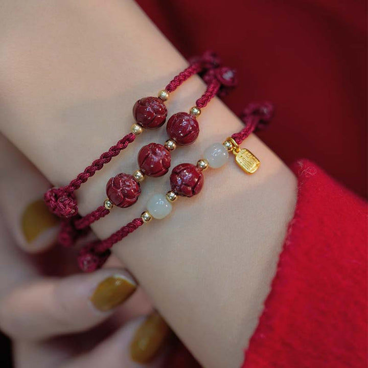 Buddha Stones Cinnabar Jade Lotus Calm Red String Weave Bracelet