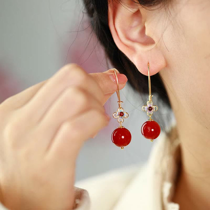 Buddha Stones 925 Sterling Silver Red Agate Flower Beaded Confidence Earrings