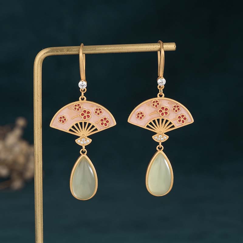 Buddha Stones Natural Green Aventurine Fan Pattern Luck Drop Earrings