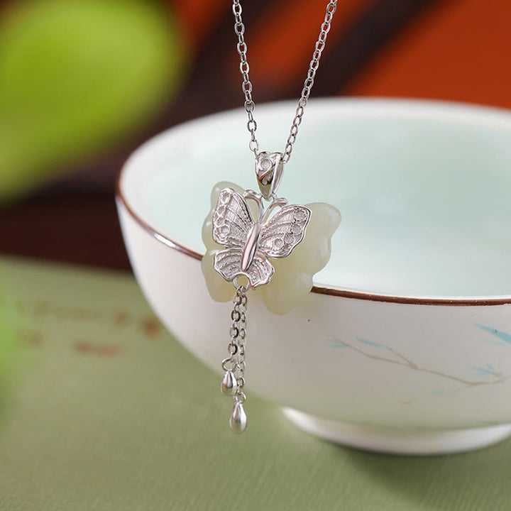 Buddha Stones 925 Sterling Silver Plated Gold Hetian White Jade Butterfly Blessing Necklace Pendant