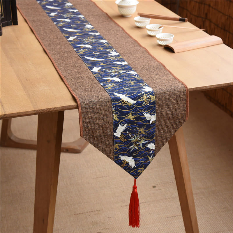 Buddha Stones Classic Chinese Style Lotus Koi Fish Flower Crane Calligraphy Enlightenment Cotton Linen Tassels Table Runner