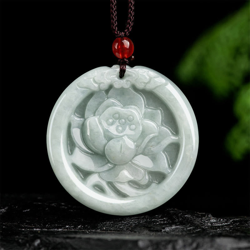 Buddha Stones Natural Jade Lotus Flower Carved Prosperity Necklace Pendant