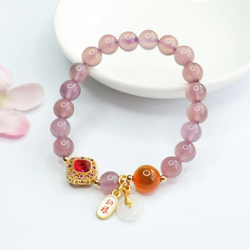 Buddha Stones Natural Purple Chalcedony Candy Agate Peace Buckle Harmony Lucky Fortune Charm Bracelet