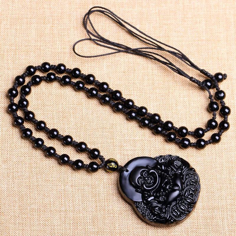 Buddha Stones Laughing Buddha Black Obsidian Strength Protection Pendant Necklace