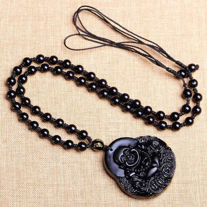 Buddha Stones Laughing Buddha Black Obsidian Strength Protection Pendant Necklace