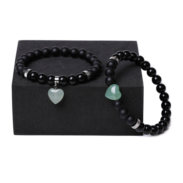 Buddha Stones 2Pcs Black Onyx Crystal Stone Love Heart Protection Support Couple Bracelet