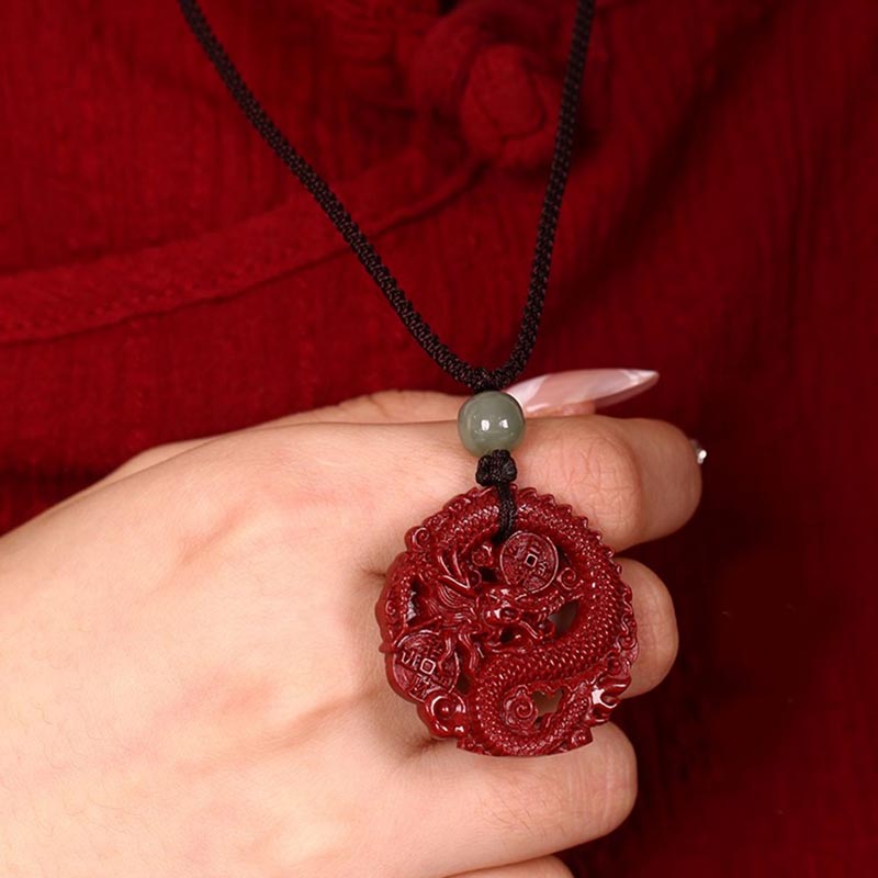 Buddha Stones Year Of The Dragon Natural Cinnabar Hetian Jade Bead Copper Coin Attract Wealth Strength Necklace Pendant