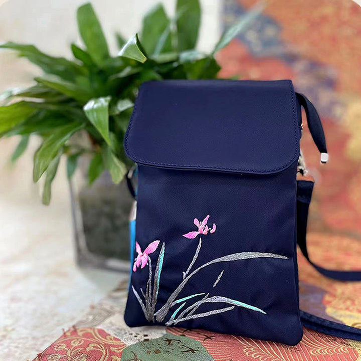 Waterproof Handmade Embroidered Lotus Flowers Crossbody Bag Shoulder Bag Cellphone Bag