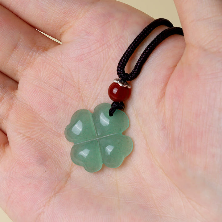 Buddha Stones 925 Sterling Silver Green Aventurine Four Leaf Clover Luck Leather Rope Necklace Pendant