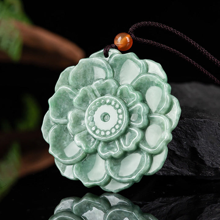 Buddha Stones Lotus Pattern Jade Luck Prosperity Necklace Pendant