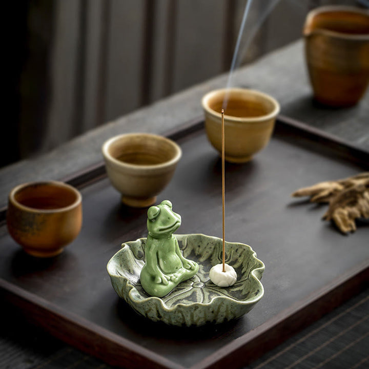 Buddha Stones Leaf Meditation Frog Pattern Healing Ceramic Incense Burner Decoration