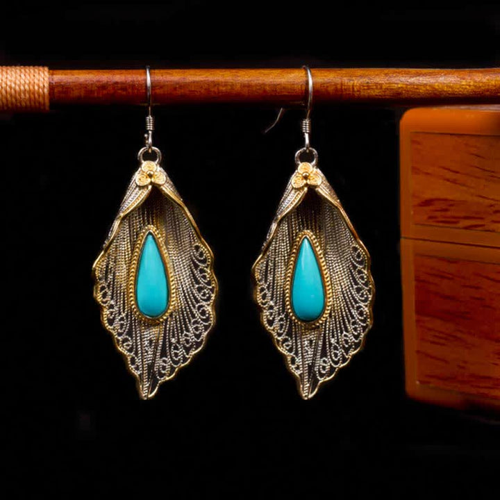 925 Sterling Silver Turquoise Bodhi Leaf Pattern Protection Drop Dangle Earrings