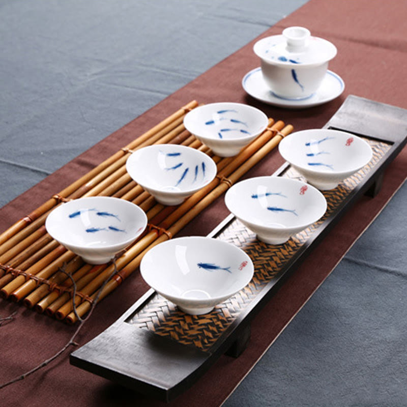 Buddha Stones Jingdezhen Blue and White Porcelain Koi Fish Ceramic Teacup Kung Fu Tea Cups