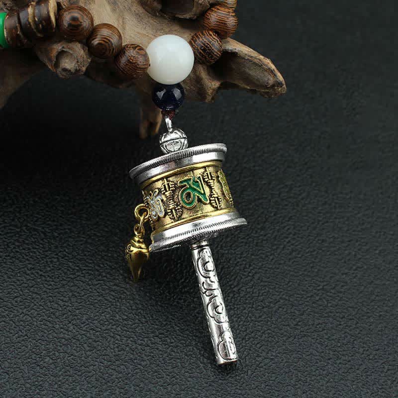 Buddha Stones Tibetan Om Mani Padme Hum Prayer Wheel Rotation Vajra Wood Necklace Pendant