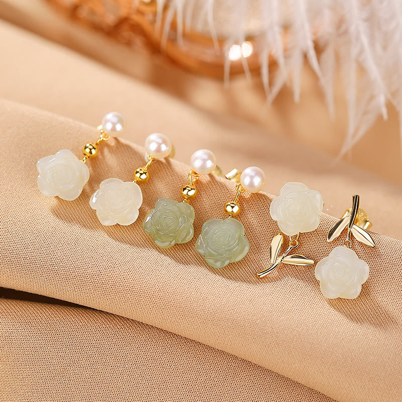 Buddha Stones 925 Sterling Silver Plated Gold Jade Rose Flower Cyan Jade Pearl Luck Earrings