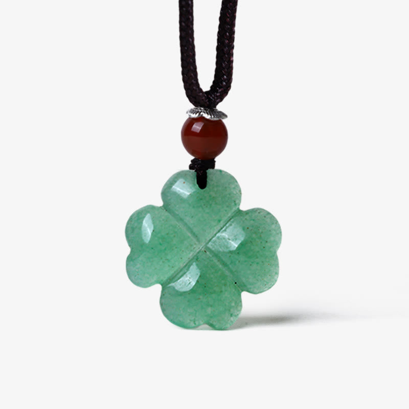 Buddha Stones 925 Sterling Silver Green Aventurine Four Leaf Clover Luck Leather Rope Necklace Pendant