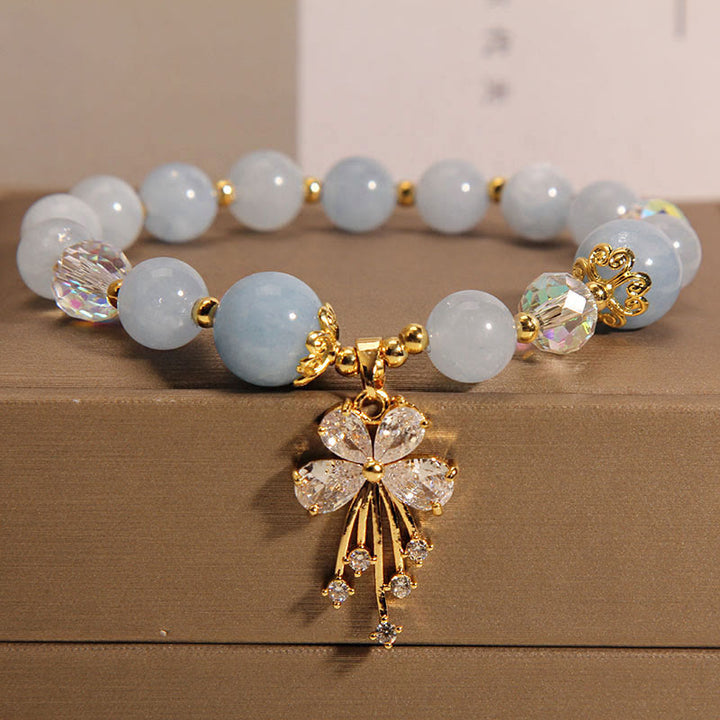 Buddha Stones Aquamarine Pink Crystal Healing Zircon Butterfly Charm Bracelet