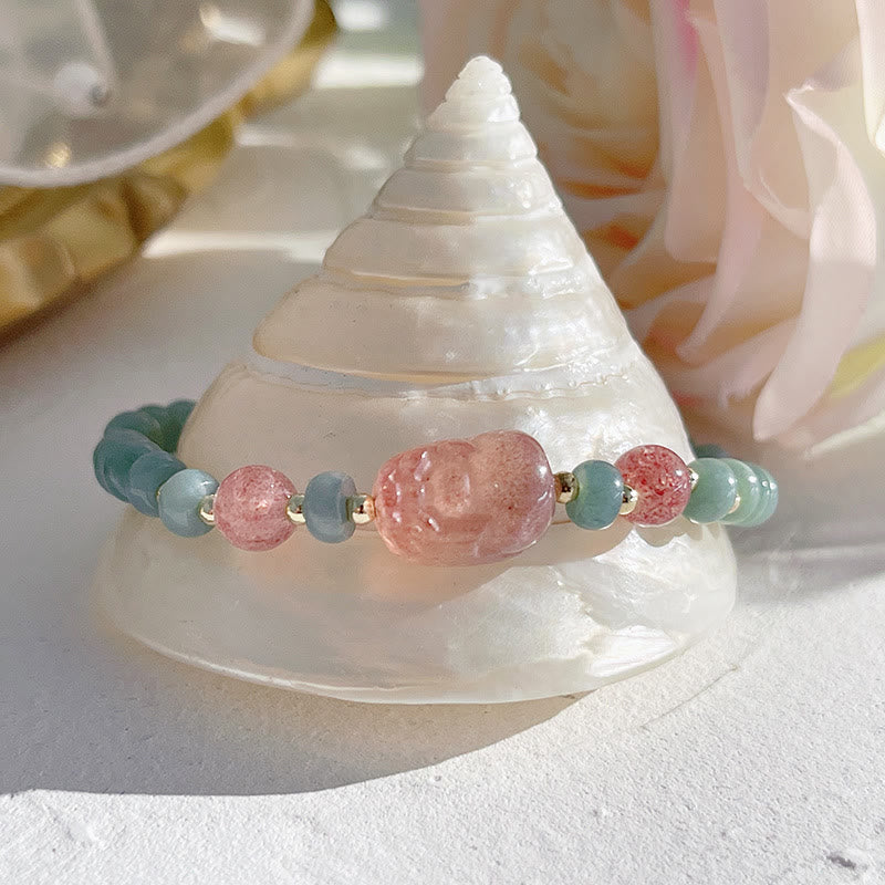 Buddha Stones Natural Hetian Jade Pearl Peace Buckle Fu Character Gourd Money Bag Strawberry Quartz PiXiu Luck Bracelet