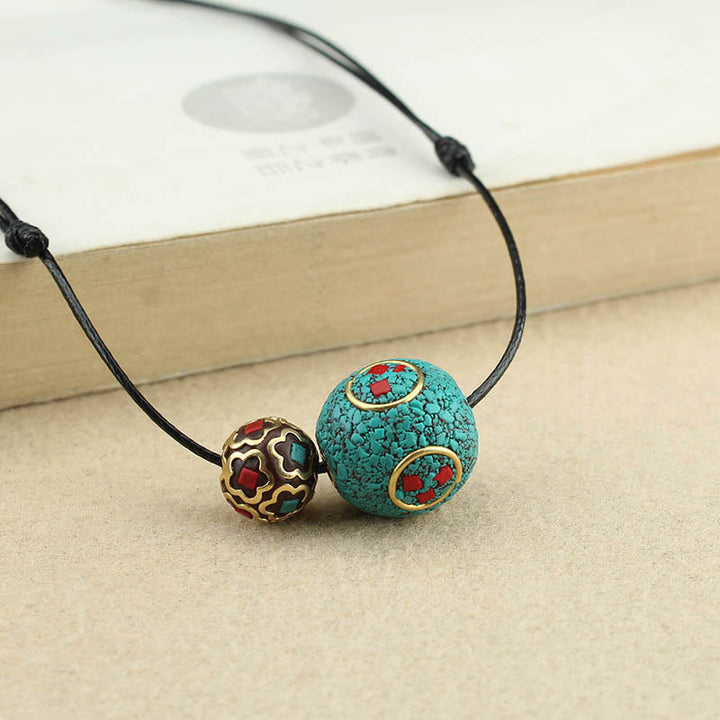 Buddha Stones Tibetan Turquoise Double Bead Protection Strength Necklace Pendant