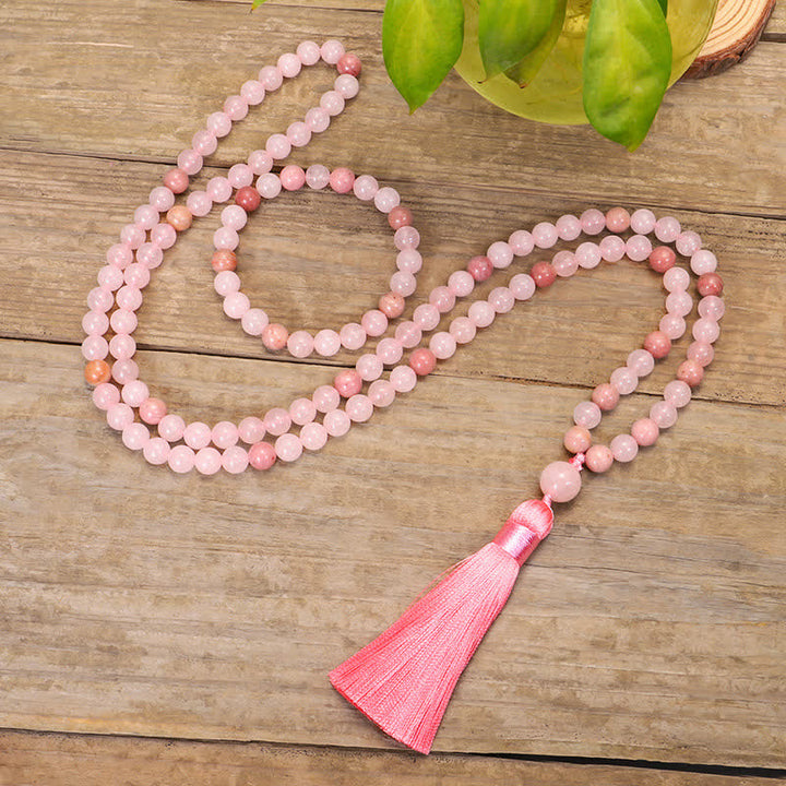 108 Mala Beads Pink Crystal Love Tassel Bracelet