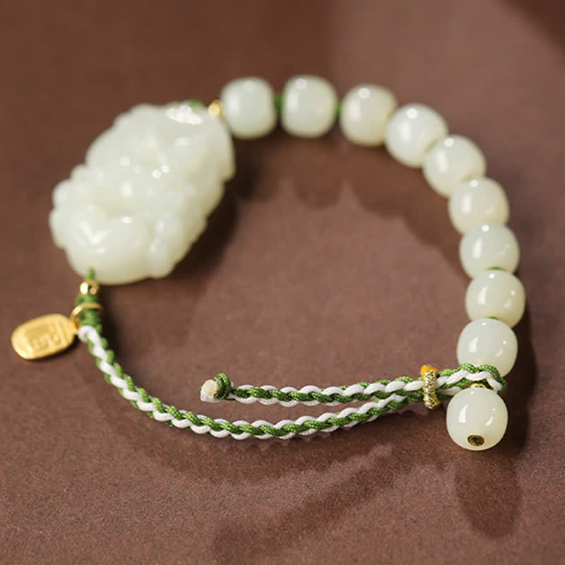 925 Sterling Silver Chinese Zodiac Hetian Jade Happiness Luck String Bracelet