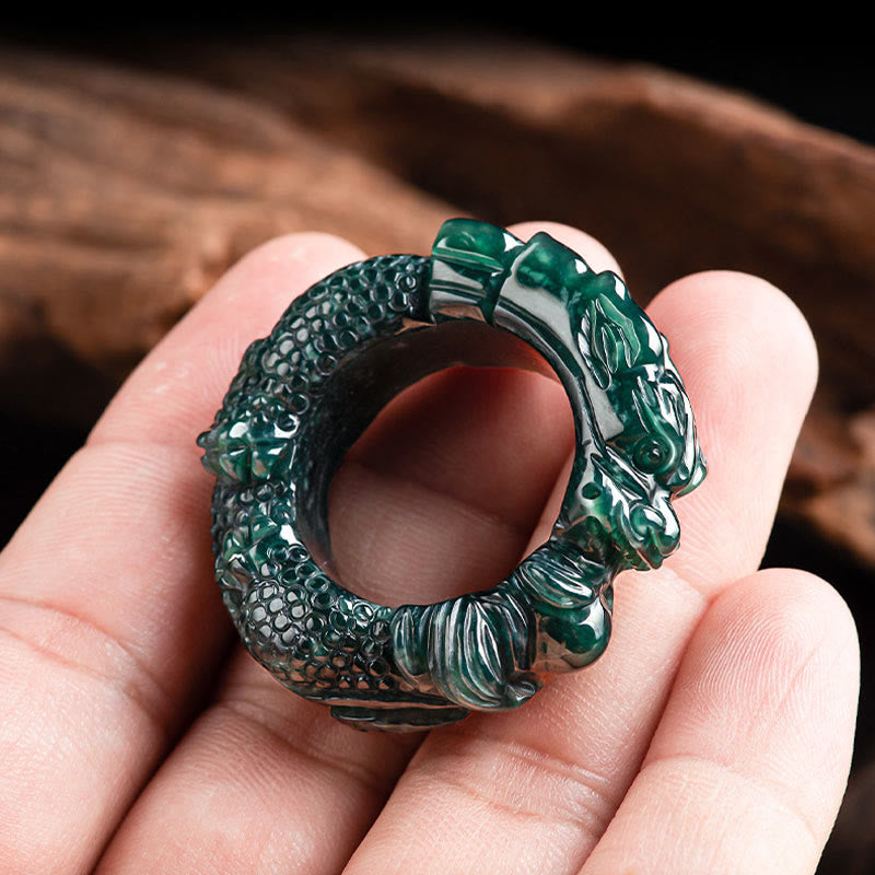 Buddha Stones Natural Cyan Jade Dragon Carved Success Ring