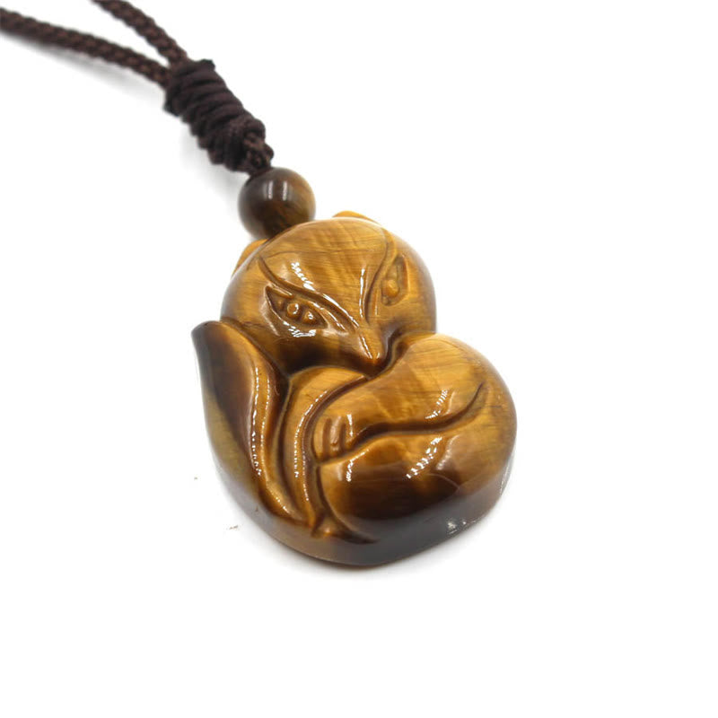 Buddha Stones Natural Black Obsidian Tiger Eye Ice Obsidian Fox Pendant Amulet Necklace