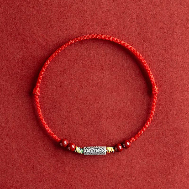 Buddha Stones 925 Sterling Silver Koi Fish Cinnabar Bead Wealth Handcrafted Braided Bracelet Anklet