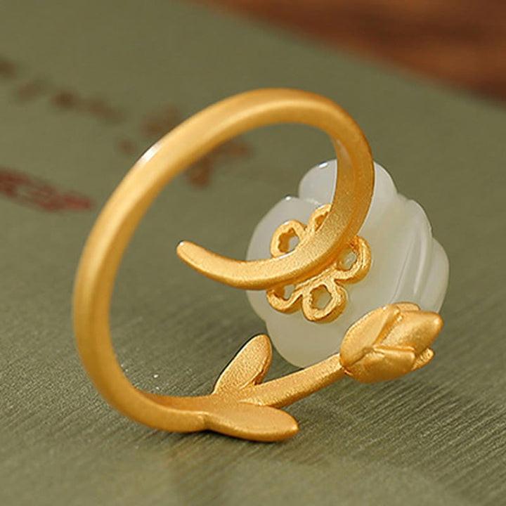 Buddha Stones 925 Sterling Silver Plated Gold Rose Flower Hetian White Jade Happiness Ring