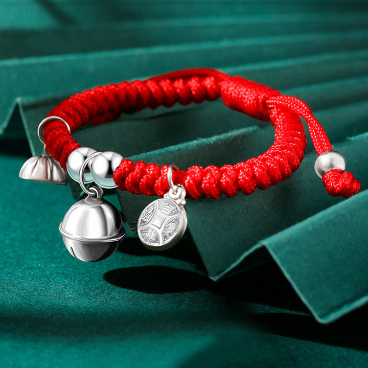 Buddha Stones 925 Sterling Silver Handmade Fu Character Lucky Money Bag Chinese Lock Charm Bell Lotus Copper Coin King Kong Knot Braided Kids Bracelet