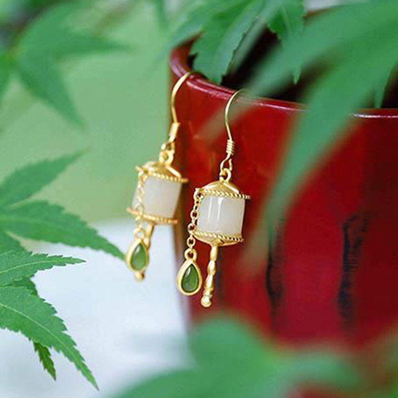 Buddha Stones 925 Sterling Silver Jade Prayer Wheel Luck Drop Earrings