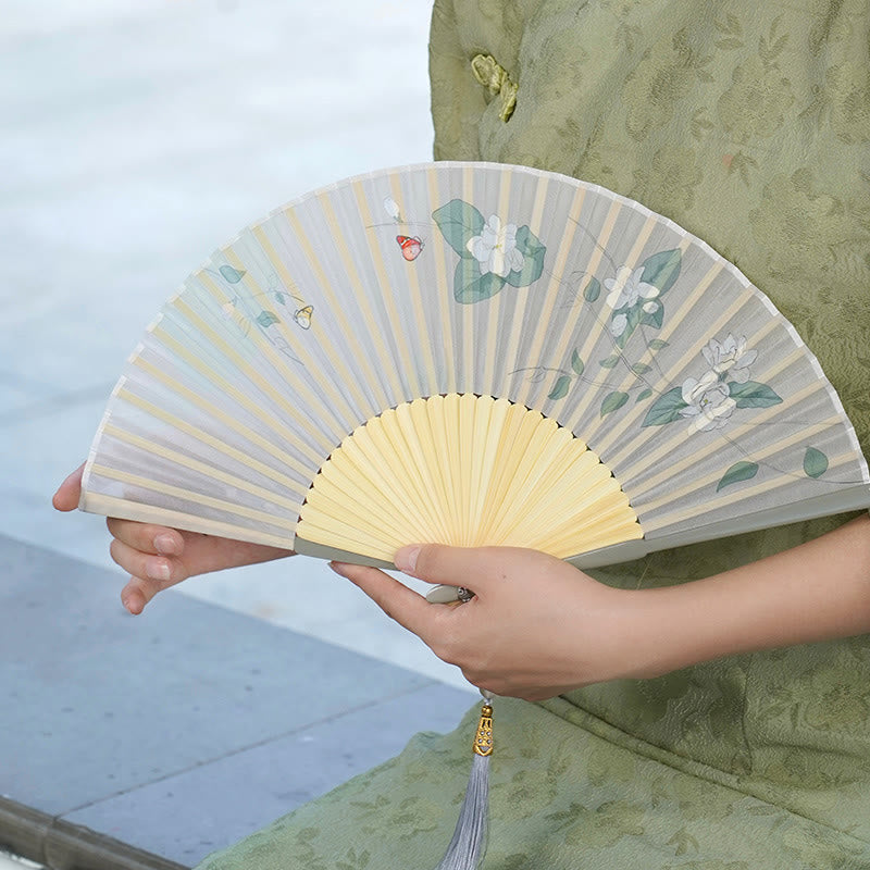 Buddha Stones Jasmine Flowers Handheld Bamboo Folding Fan