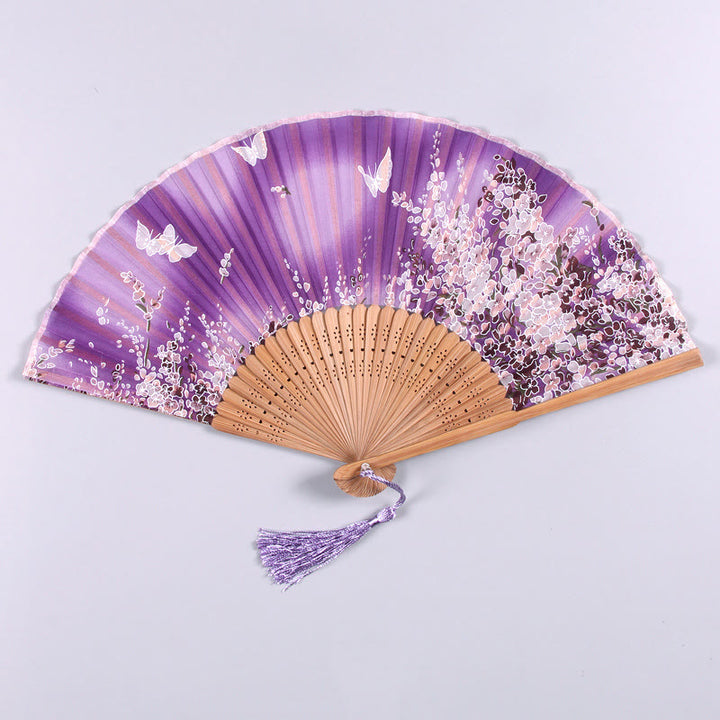 Buddha Stones Butterfly Flowers Handheld Bamboo Folding Fan