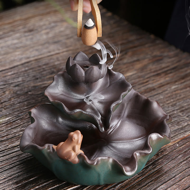 Buddha Stones Lotus Flower Leaf Frog Butterfly Pattern Healing Ceramic Incense Burner Decoration