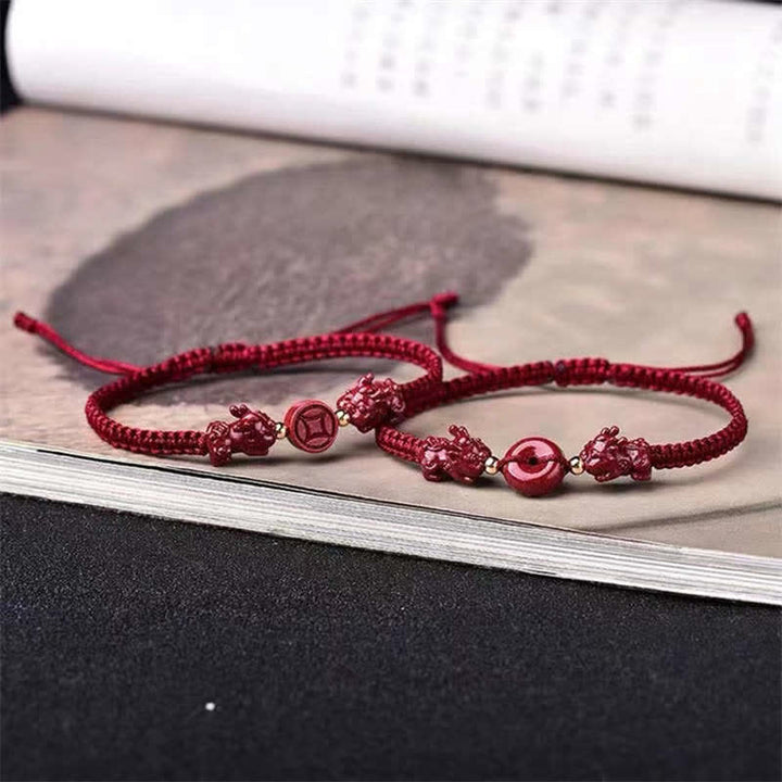 Buddha Stones Cinnabar PiXiu Blessing Copper Coin Peace Buckle Red String Bracelet