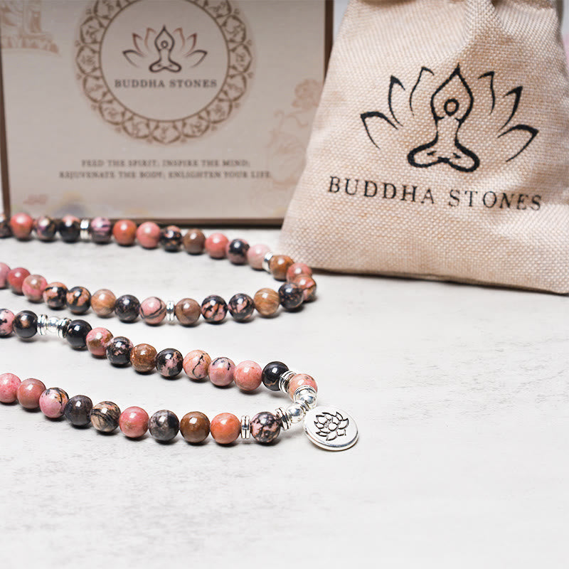 Buddha Stones 108 Mala Beads Rhodonite Lotus Compassion Energy Bracelet