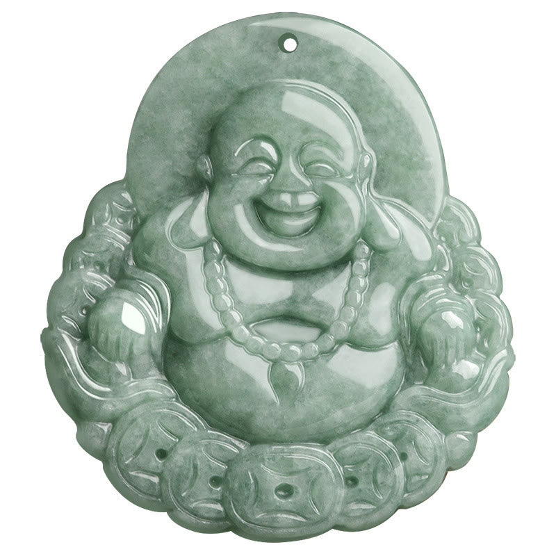 Buddha Stones Laughing Buddha Natural Jade Copper Coin Abundance Necklace Pendant