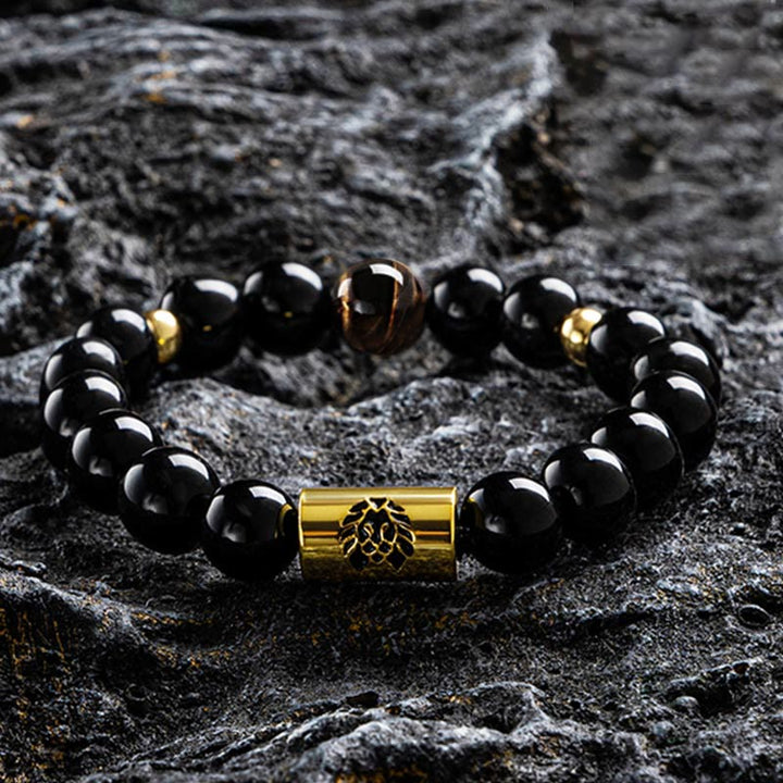 Buddha Stones Black Onyx Tiger Eye Bead Lion Engraved Protection Bracelet