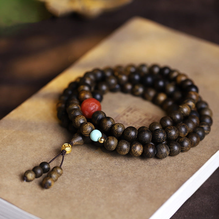 Buddha Stones 108 Mala Beads Agarwood Red Agate Turquoise Peace Meditation Bracelet